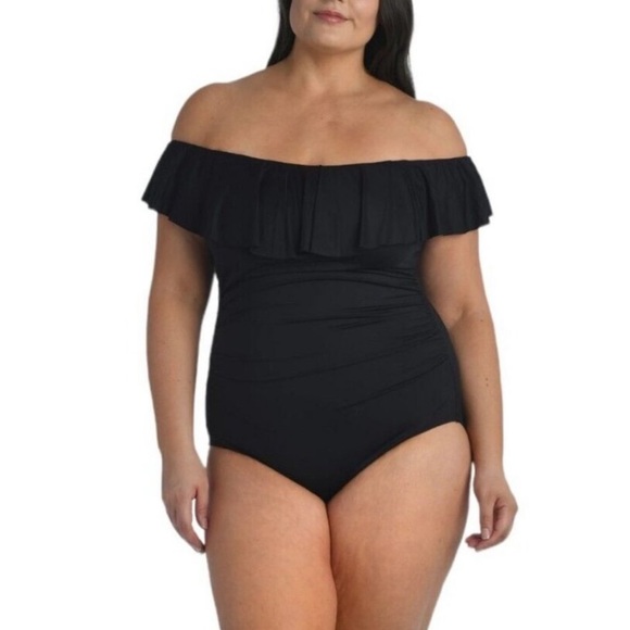 La Blanca Other - La Blanca Island Goddess Off Shoulder Ruffle One Piece Swimsuit Black Sz 14